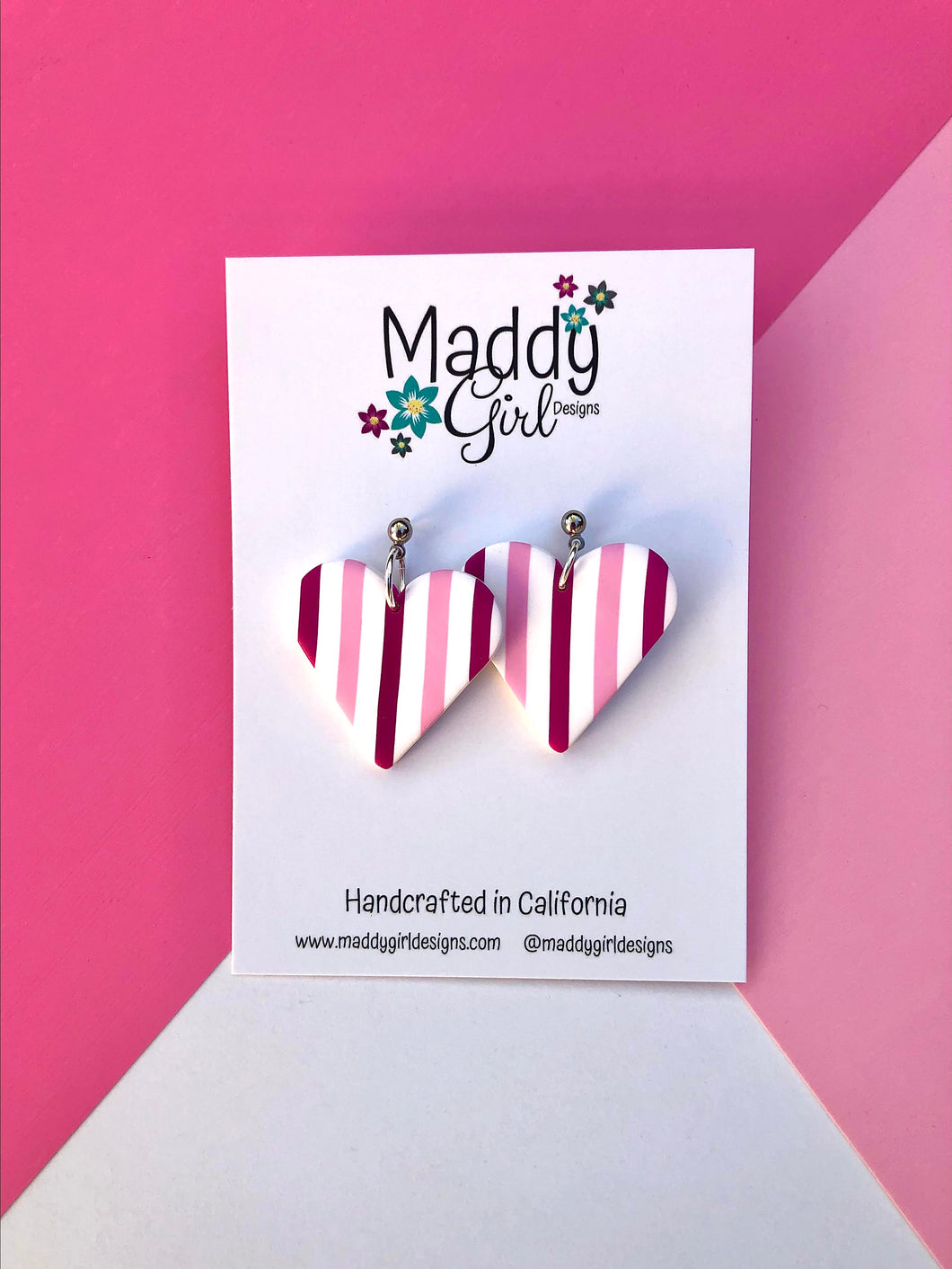 Pink & White Striped Heart Dangles