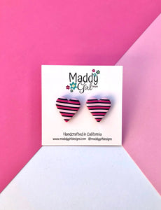 Pink & Black Striped Heart Studs
