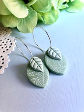 Load image into Gallery viewer, April Showers Sage Double Leaf Hoop Dangles No. 3
