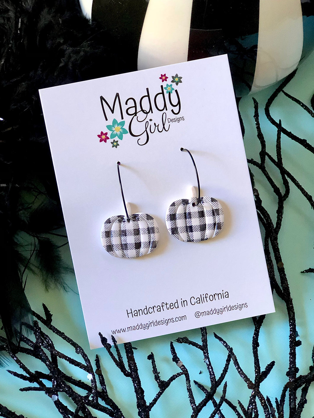 Black & White Gingham Shimmer Pumpkin Hoops