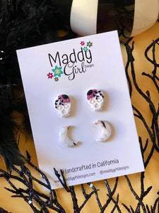 Wisteria Flower Skulls & Marble Moon Studs