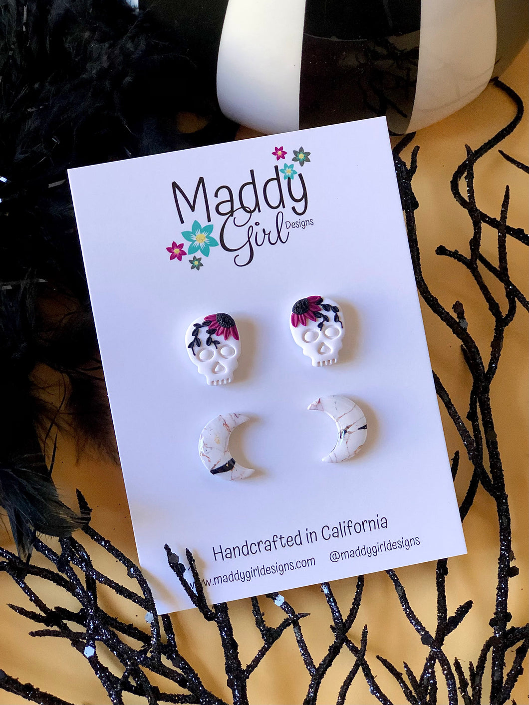 Mulberry Flower Skulls & Marble Moon Studs