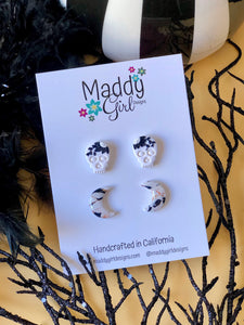 Black Flower Skulls & Marble Moon Studs