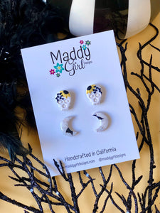 Sunflower Flower Skulls & Marble Moon Studs